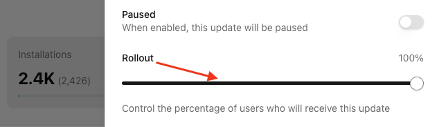 React Native Stallion phased rollout slider interface showing percentage control
for OTA update distribution